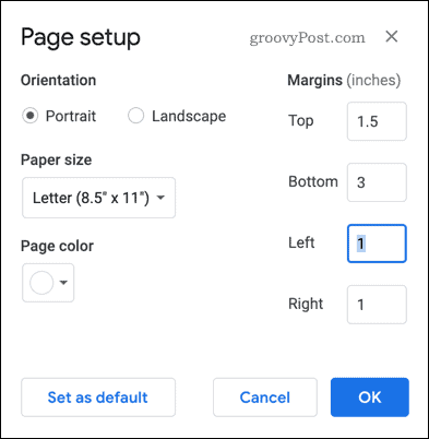 إعداد الصفحة في مستندات Google