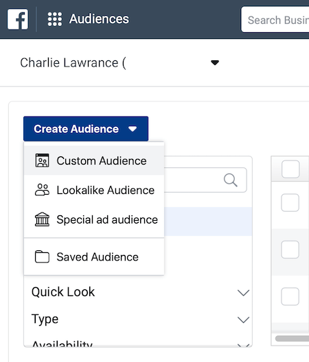 إنشاء قائمة منسدلة للجمهور في قسم الجمهور في Facebook Ads Manager
