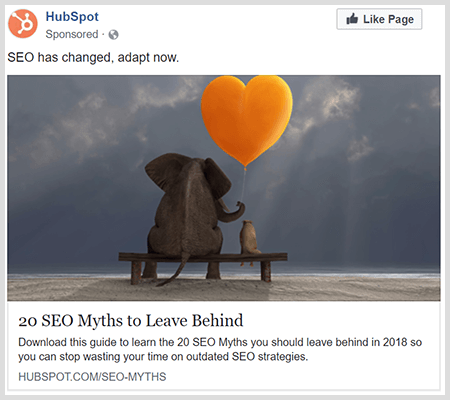 تشترك إعلانات العلامات التجارية في محتوى مفيد مثل إعلان HubSpot هذا والذي يحتوي على 20 خرافة حول تحسين محركات البحث يجب تركها.