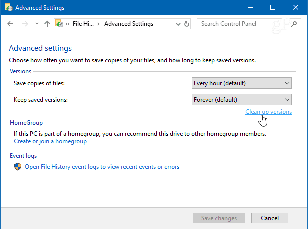 تنظيف الإصدارات تاريخ ملف Windows 10