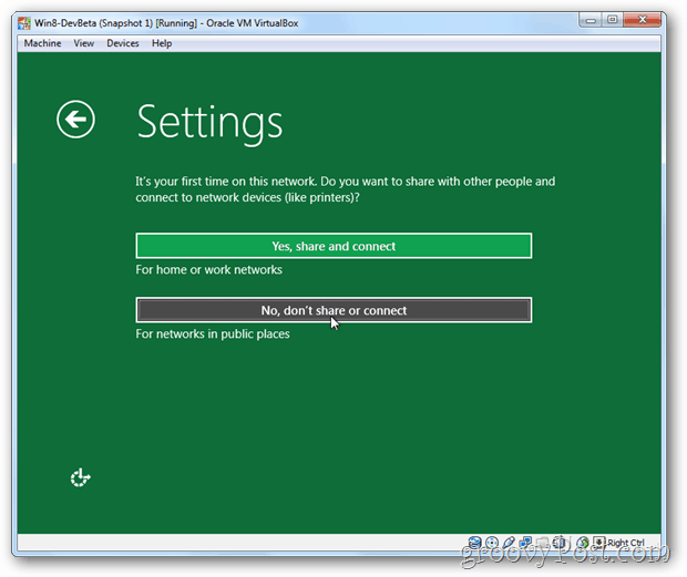 هل تريد تثبيت VirtualBox Windows 8 على مشاركة الإعداد أم لا مشاركة الإعداد؟