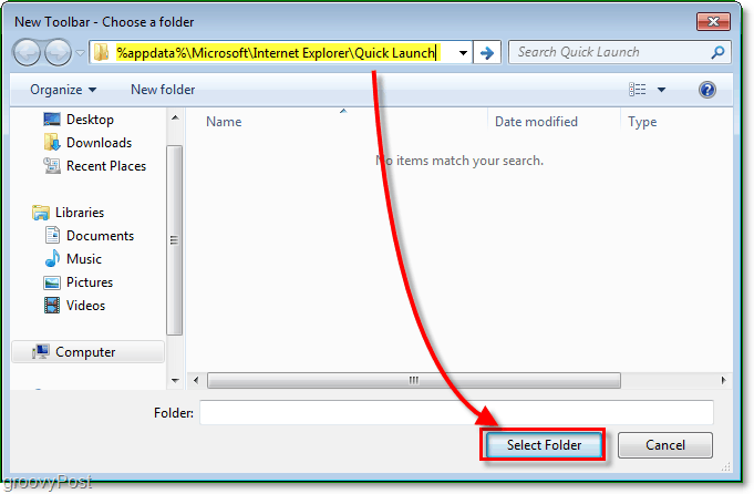 نافذة شريط الأدوات الجديدة للتشغيل السريع ، أدخل العنوان٪ appdata٪ MicrosoftInternet ExplorerQuick Launch للتصفح إلى المجلد الصحيح