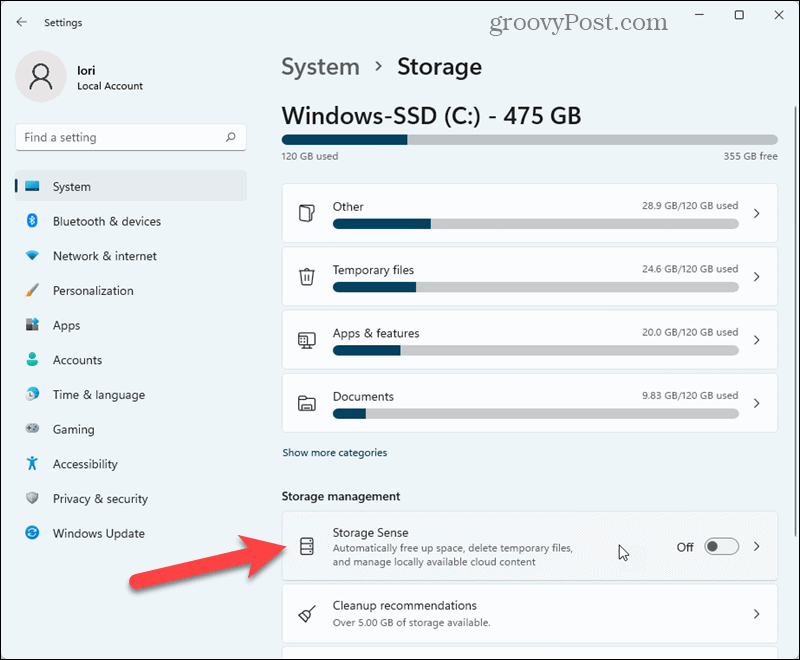 انقر فوق Storage Sense في إعدادات Windows 11