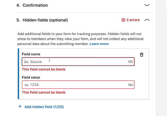 لقطة شاشة لخيارات Hidden Fields لإعلان LinkedIn