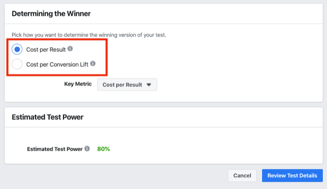 تحديد قسم الفائز في اختبار A / B لتجارب Facebook
