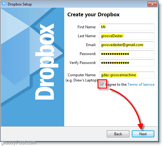 لقطة شاشة Dropbox - أدخل معلومات حسابك