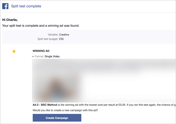 تتلقى بريدًا إلكترونيًا بعد اكتمال اختبار تقسيم Facebook.