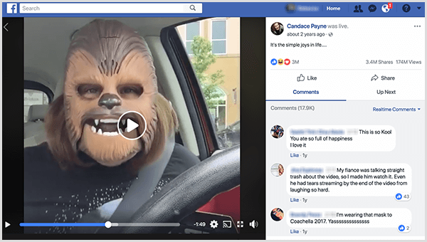 تم نشر Candace Payne مباشرة على Facebook مرتدية قناع Chewbacca من موقف سيارات Kohl. في الوقت الذي تم فيه التقاط لقطة الشاشة هذه ، كان مقطع الفيديو الخاص بها 3.4 مليون مشاركة و 174 مليون مشاهدة.
