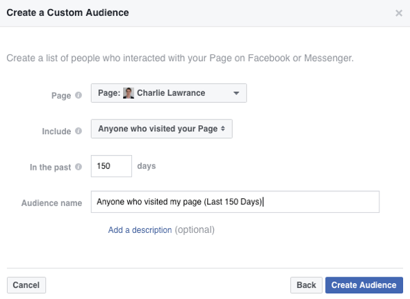 لإنشاء جمهورك المخصص على Facebook ، حدد أي شخص زار صفحتك من القائمة المنسدلة تضمين.