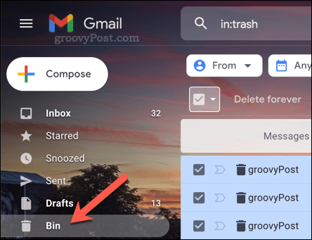 فتح مجلد سلة المهملات في Gmail