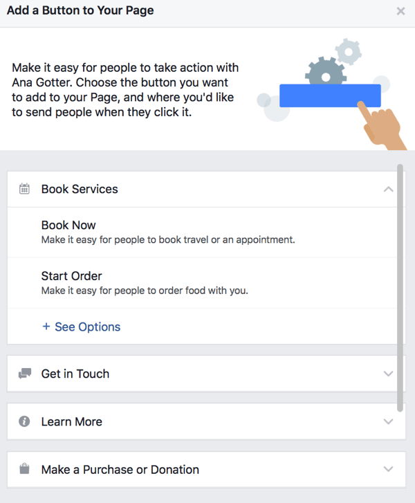 يمكنك الاختيار من بين عدد كبير من أزرار الحث على الشراء لصفحتك على Facebook.