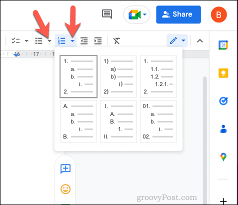 تخصيص قائمة في محرر مستندات Google