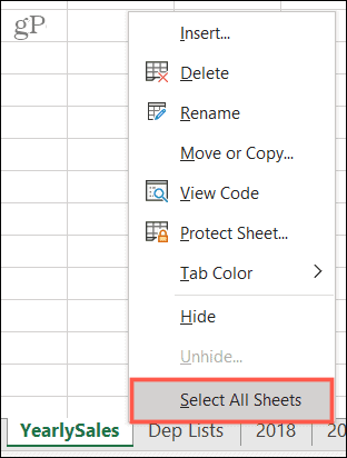 حدد كل الأوراق في Excel