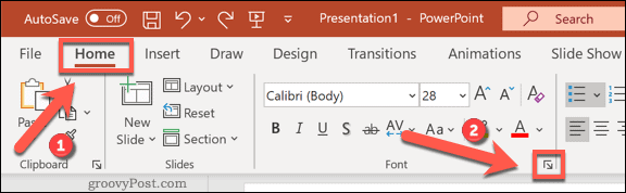 الوصول إلى قائمة خيارات الخطوط في PowerPoint على Windows