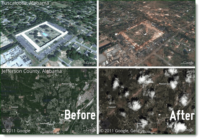 انظر بعد تأثيرات الأعاصير الحديثة في ألاباما عبر بيكاسا من Google Earth