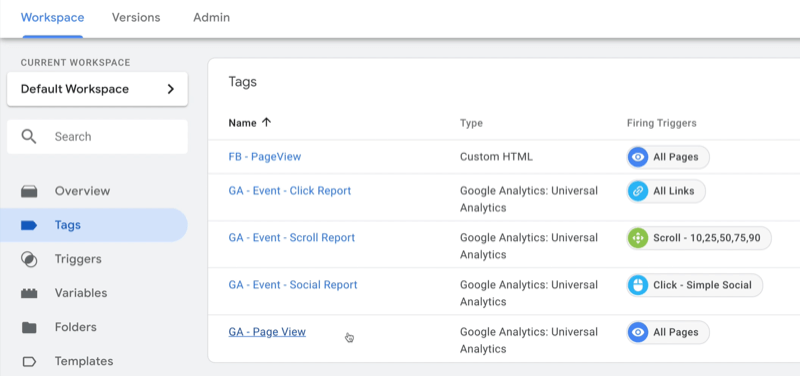 مثال على مساحة عمل لوحة معلومات Google tag manager مع العلامات المحددة والعديد من العلامات النموذجية المعروضة مع النوع ومشغل الإطلاق الملحوظ لكل منهما