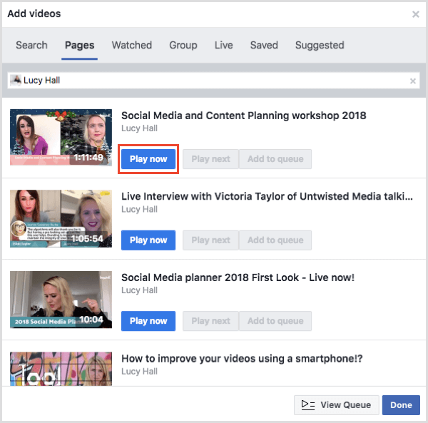 انقر فوق تشغيل الآن لبدء تشغيل مقطع فيديو أثناء حفلة مشاهدة Facebook.