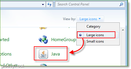 لقطة الشاشة: Windows 7 Control Panel قم بتشغيل Java
