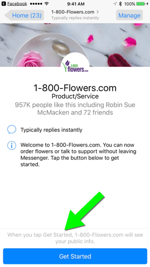 إن إرسال رسالة إلى 1-800-Flowers.com عبر صفحتهم على Facebook يجعل من السهل على المستخدمين أن يصبحوا عملاء.