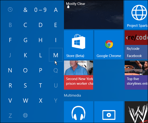 ابحث عن تطبيقات الحرف الأول من Windows 10