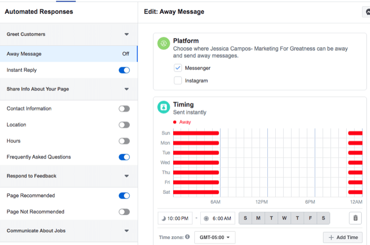 لقطة شاشة لإعدادات التوقيت لـ Facebook Messenger بعيدًا عن الاستجابة التلقائية للرسالة