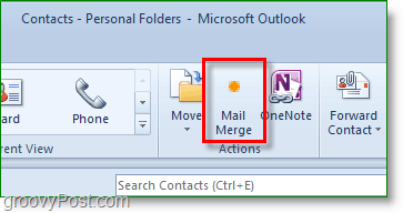 لقطة شاشة Outlook 2010 - انقر فوق دمج البريد