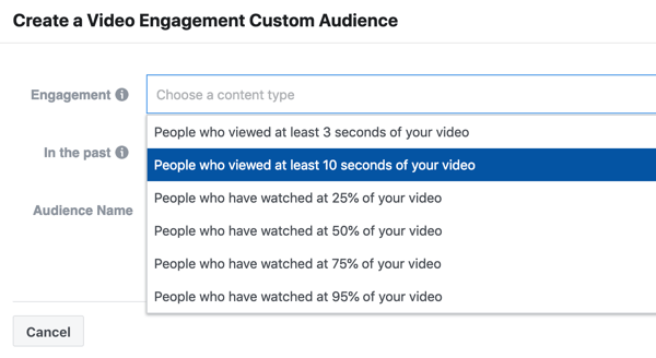 كيفية الترويج لحدثك المباشر على Facebook ، الخطوة 9 ، قم بإنشاء حملة مشاركة فيديو لأشخاص شاهدوا على الأقل 10 ثوانٍ من الفيديو الخاص بك