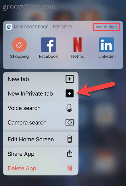 حدد علامة تبويب InPrivate جديدة من رمز Edge في iOS