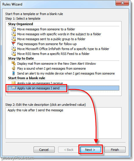 تطبيق القاعدة على الرسائل التي أرسلها في Outlook 2010