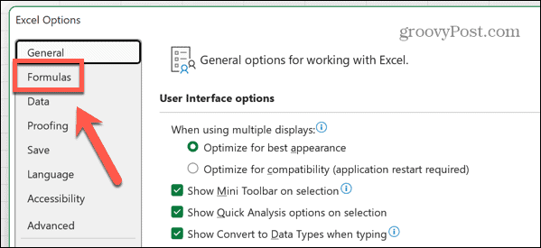 خيارات صيغة Excel