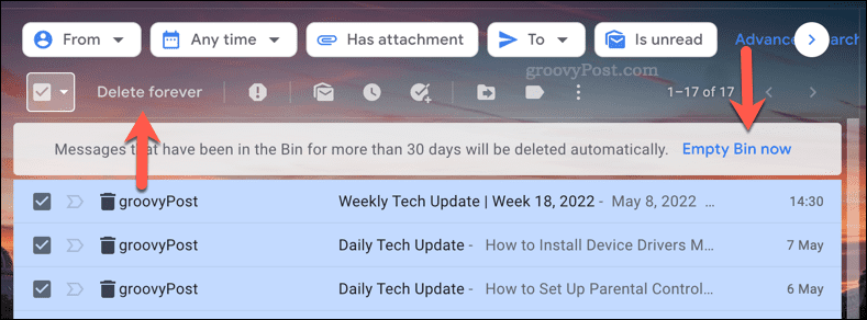 إفراغ مجلد المهملات في Gmail