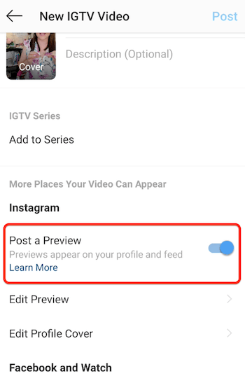خيارات قائمة الفيديو الجديدة في instagram igtv مع تنشيط خيار المعاينة المنشور
