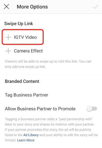 خيارات قائمة instagram لإضافة ارتباط سريع مع تمييز خيار فيديو IGTV