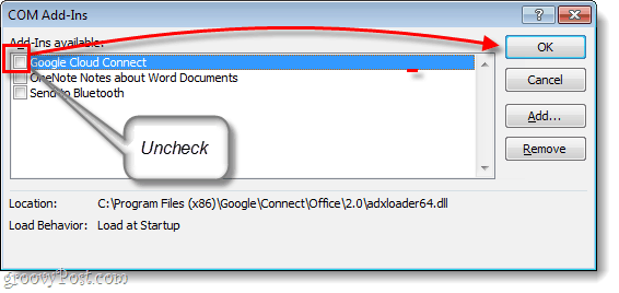 قم بإلغاء تحديد google cloud connect من com-add-ins ، اضغط موافق.