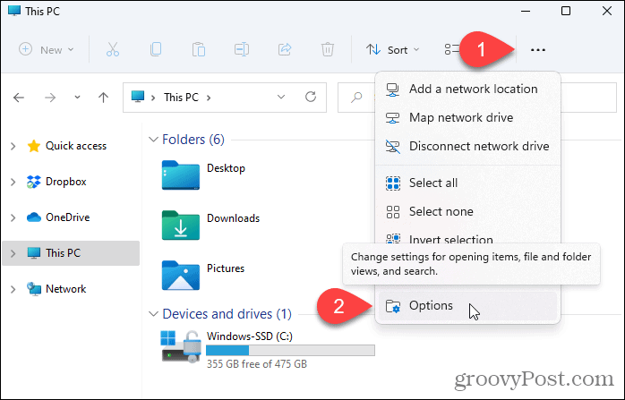 افتح الخيارات في File Explorer