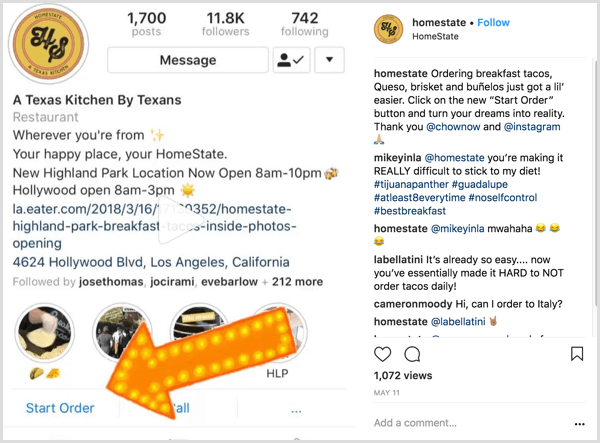 مثال على منشور أعمال Instagram يوضح للمستخدمين كيفية استخدام زر إجراء بدء الطلب