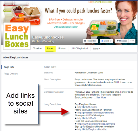 الروابط الاجتماعية في قسم حول صفحة فيسبوك مربعات الغداء السهلة