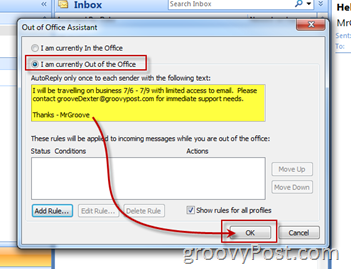 تمكين تشغيل Microsoft Outlook Out of Office Assistant الرد التلقائي