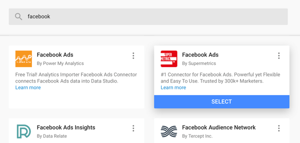 استخدم Google Data Studio لتحليل إعلانات Facebook ، الخطوة 4 ، خيار استخدام Facebook Ads Connector من Supermetrics كمصدر بياناتك