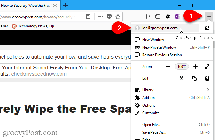 افتح تفضيلات المزامنة في Firefox لنظام التشغيل Windows