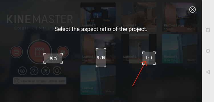 حدد نسبة أبعاد فيديو مربعة (1: 1) في تطبيق KineMaster للجوال