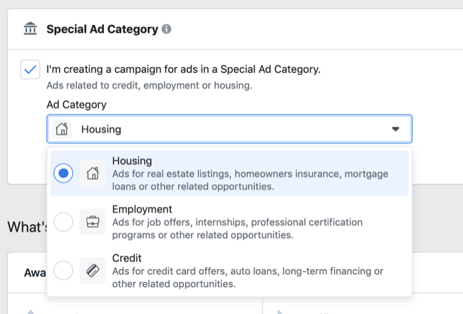 خيارات فئة الإعلانات الخاصة على Facebook في القائمة المنسدلة لفئة الإعلان