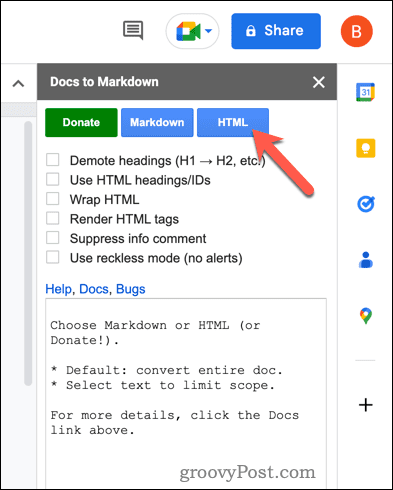 قم بالتحويل إلى HTML باستخدام محرر المستندات إلى Markdown في محرر مستندات Google