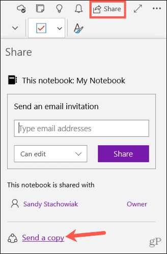 أرسل نسخة من ملاحظة في OneNote for Windows 10