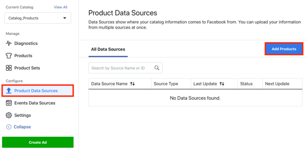 استخدم أداة إعداد حدث Facebook ، الخطوة 22 ، خيار القائمة لإضافة منتجات عبر علامة تبويب مصادر بيانات المنتج في Facebook