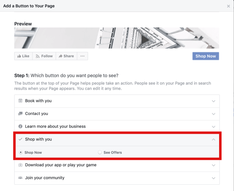 الخطوة 1 من كيفية إضافة زر "تسوق الآن" إلى صفحة Facebook للتسوق عبر Instagram