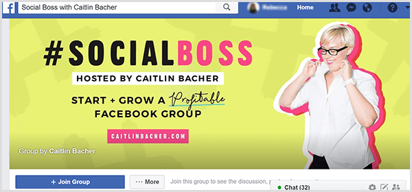 تحتوي صورة غلاف مجموعة Facebook الخاصة بـ Social Boss التي استضافتها Caitlin Bacher على خلفية صفراء ولهجات وردية على النص وصورة لـ Caitlin وهي تسحب طوق قميصها.
