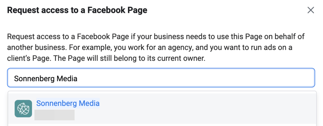 صورة طلب الوصول إلى شاشة صفحة Facebook في Meta Business Manager