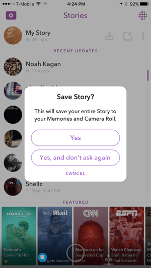 انقر على "نعم" لحفظ قصتك على Snapchat.