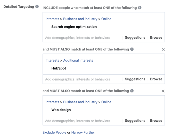 مثال على إضافة طبقة ثالثة من نتائجك إلى اهتمامات جمهور إعلانات Facebook باستخدام حقل تطابق ثانٍ يجب أيضًا.